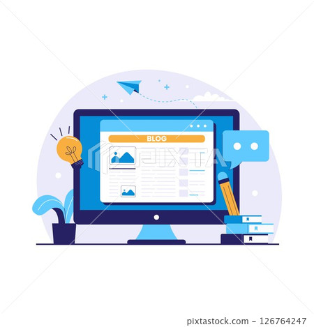 Blogging Illustration with Blog Page on Computer Screen and Creative Elements Blogging Illustration with Blog Page on Computer Screen and Creative Elements 126764247