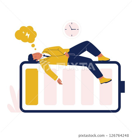 Burnout Illustration of Tired Businessman Lying on Low Battery Icon 126764248