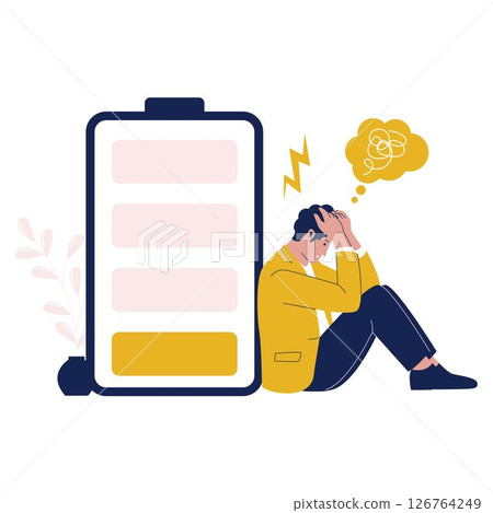 Burnout Illustration of Stressed Man Sitting with Low Battery Burnout Illustration of Stressed Man Sitting with Low Battery 126764249