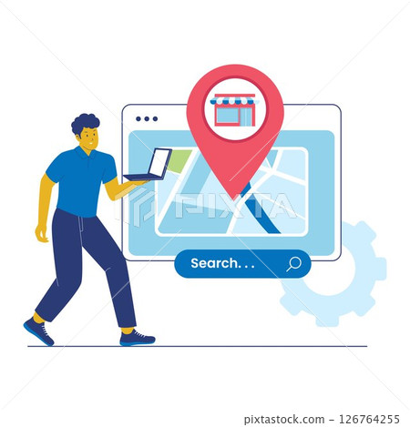 Local SEO Search with Map, Store Pin, and Businessman Using Laptop Illustration 126764255