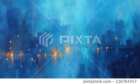 夜間城市建築物和窗戶燈光的抽象插圖。藍色和橙色的夢幻城市景觀 126764357