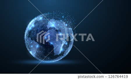 Globe. Polygonal wireframe mesh icon with crumbled edge looks like constellation. Concept illustration or background Globe. Polygonal wireframe mesh icon with crumbled edge looks like constellation. Concept illustration or background 126764419