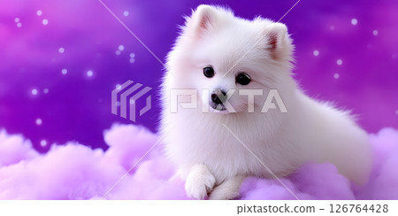 A fluffy white dog lounging on soft purple clouds, surrounded by a magical atmosphere. Its playful expression radiates joy and charm, perfect for pet lovers and whimsical themes. 126764428