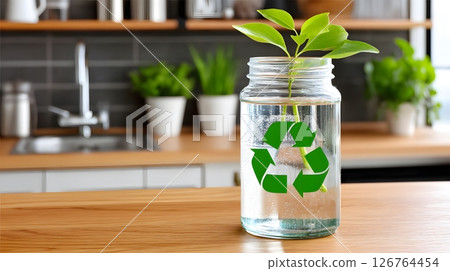 A fresh green plant growing in a glass jar with a recycle symbol, symbolizing sustainability and eco-friendly practices in modern kitchen environments. 126764454
