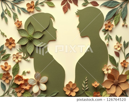 Earthy Paper Cut Couple with Natural Floral Design Earthy Paper Cut Couple with Natural Floral Design 126764520