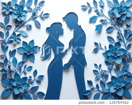 Paper Cut Couple in Cool Floral Embrace 126764562