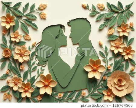Earthy Paper Cut Couple with Natural Floral Design 126764563