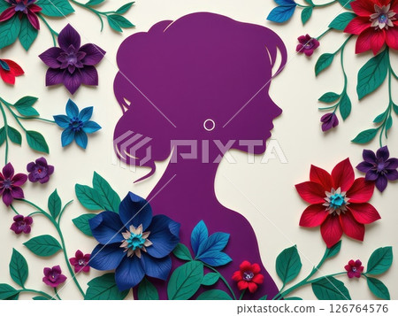 Beautiful Woman in Jewel-Toned Paper Cut Floral 126764576