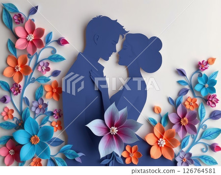 Paper Cut Couple in Romantic Floral Embrace Paper Cut Couple in Romantic Floral Embrace 126764581