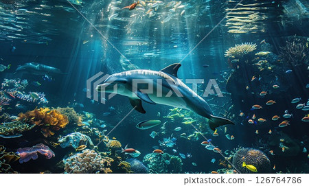 Underwater world background. Dolphins in the sea. Sea life. generative ai. 126764786