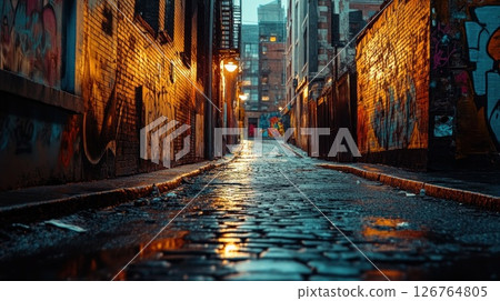Urban alleyway at dusk, graffiti walls, cobblestone path, city buildings in background 126764805
