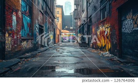 Urban alleyway with graffiti, city backdrop, empty street 126764806