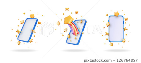 3d smartphone with golden stars and rainbow 126764857