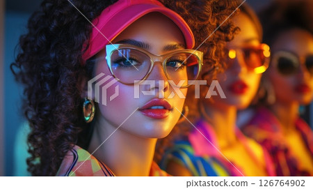 Trendy women in vibrant 80s fashion, close-up, colorful background,  possible use for fashion magazine or social media 126764902