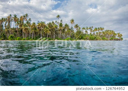Paradise beach with palm trees and blue ocean on tropical island in Indonesia. Scenic view from water. 126764952