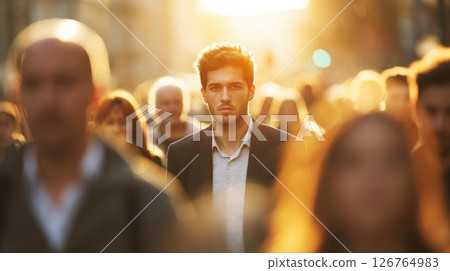 Man in Suit Walking Among a Crowd in Golden Evening Light 126764983