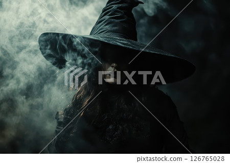 Mysterious witch casting spells in dark smoke Mysterious witch casting spells in dark smoke 126765028