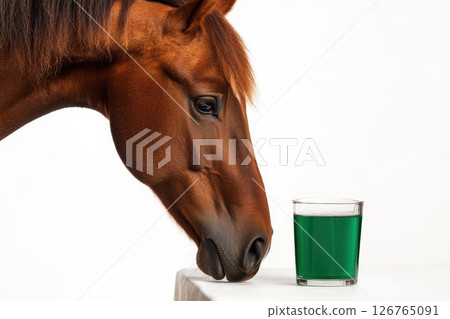 Horse curiously examines green drink on table 126765091