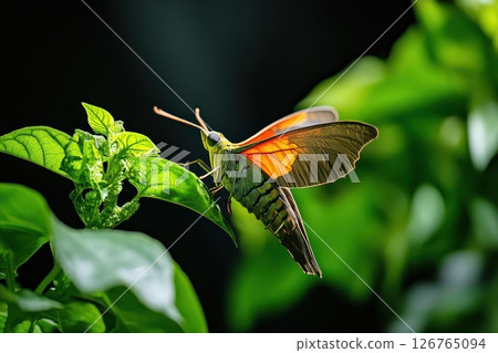 Butterfly resting on green leaves in a garden Butterfly resting on green leaves in a garden 126765094