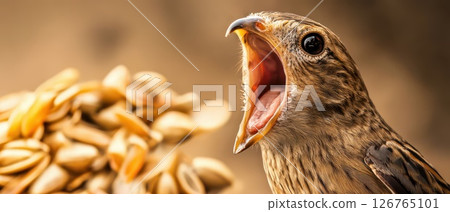 Bird calling loudly next to seeds at sunset 126765101