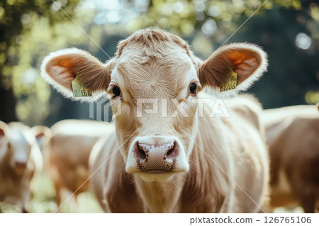 Curious calf in a sunny meadow with cows nearby 126765106