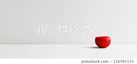 Vibrant red bowl positioned on a minimalist table 126765133