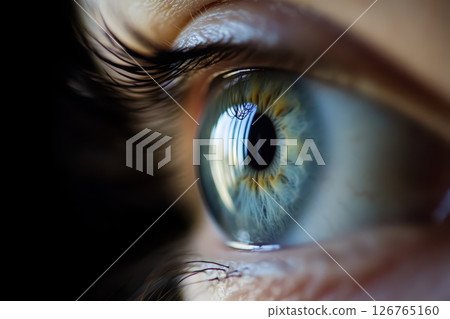 Close up of a human eye reflecting a window 126765160