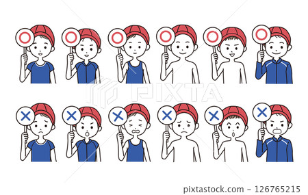 A simple illustration set of elementary school students in school swimsuits holding a placard with a circle and cross mark 126765215