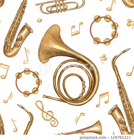 Music instruments and musical golden notes seamless pattern isolated background. Watercolor saxophone, trumpet, French horn illustration for jazz festival, music school materials, elegant packaging. Music instruments and musical golden notes seamless pattern isolated background. Watercolor saxophone, trumpet, French horn illustration for jazz festival, music school materials, elegant packaging. 126765221