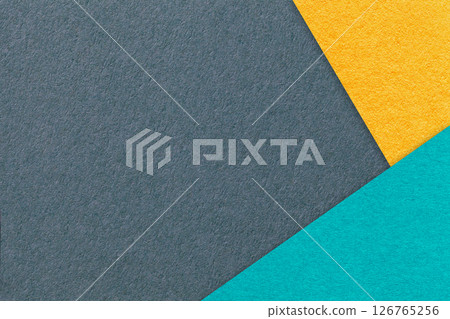 Abstract dark gray, yellow and turquoise paper background with copy space. Template for presentation and banner 126765256