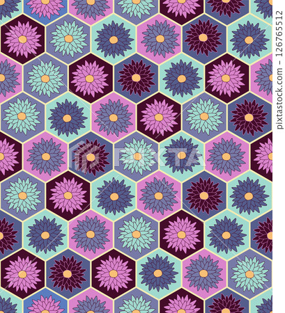 Chrysanthemums seamless pattern on honeycomb background. Vector repeat design perfect for textile, wallpaper, clothes, nursery and backgrounds. Chrysanthemums seamless pattern on honeycomb background. Vector repeat design perfect for textile, wallpaper, clothes, nursery and backgrounds. 126765512