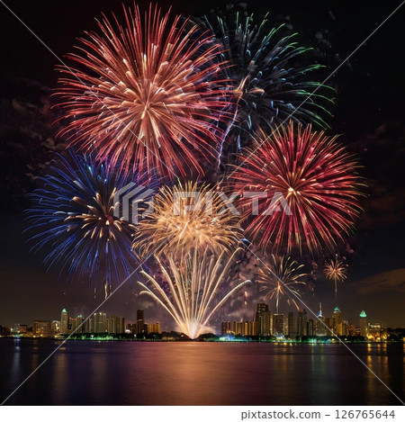 Multicolored fireworks over the night metropolis. Independence Day celebration concept, 4th of July America, banner for the store 126765644
