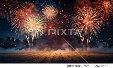 Multicolored fireworks over the night metropolis. Independence Day celebration concept, 4th of July America, banner for the store 126765649