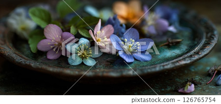 Delicate Spring Blooms on a Rustic Plate 126765754
