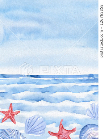 Coastal landscape featuring seashells and a serene ocean view 126765858