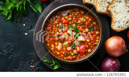Lentil soup with vegetables and herbs in bowl with bread slices on side. 126765891