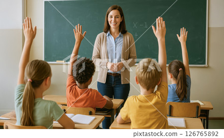Smiling teacher with students raising hands in classroom in front of chalkboard. 126765892
