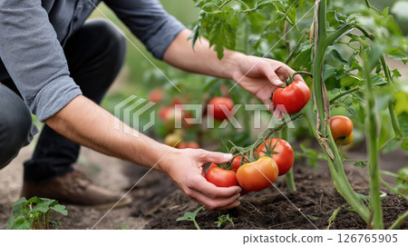 Man Harvesting Ripe Red Tomatoes from Garden Plant 126765905
