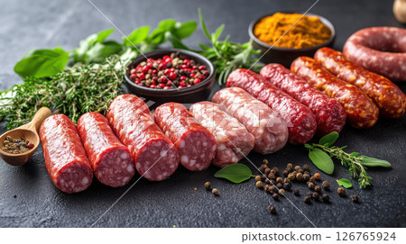 Assorted raw sausages and salami with herbs and spices on dark background 126765924