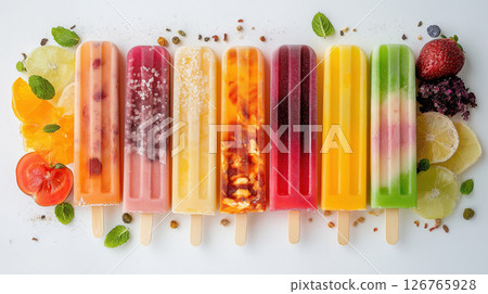 Colorful fruit popsicles arranged in row with fresh ingredients on white background 126765928