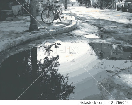 Grayscale Photo of a Puddle Reflecting a City Street Grayscale Photo of a Puddle Reflecting a City Street 126766044
