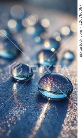 Close Up of Water Droplets on Blue Surface 126766067