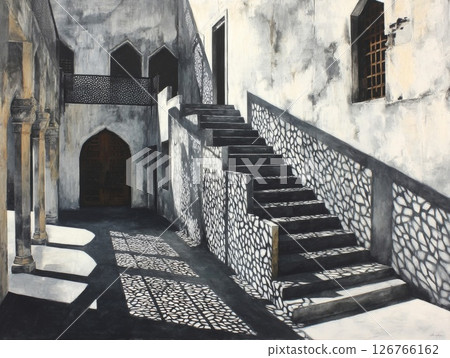 Monochrome Courtyard with Stone Stairs and Shadows 126766162