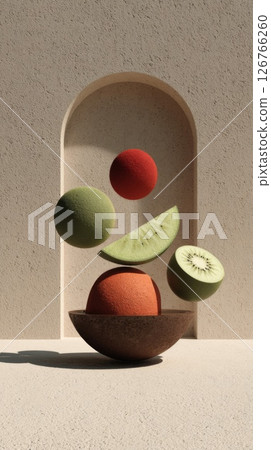 Floating Fruit Spheres in a Stone Bowl 126766260