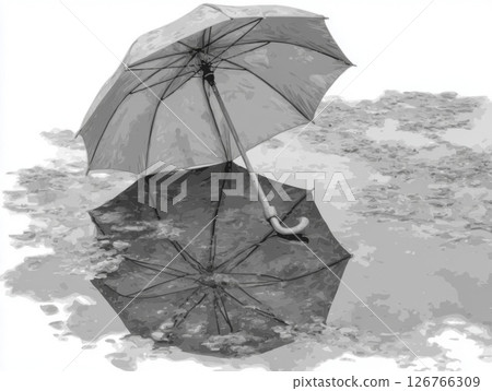 Grayscale Photograph of Two Umbrellas Reflecting in a Puddle Grayscale Photograph of Two Umbrellas Reflecting in a Puddle 126766309