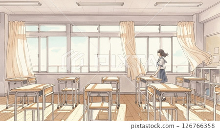 夏天放學後站在教室裡的女學生（水彩風格） 126766358