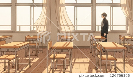 Back view of a male high school student standing in a summer classroom (watercolor style) 126766366