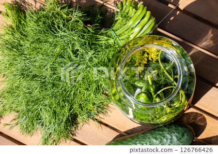 Pickling Cucumbers Dill On Wooden Table Pickling Cucumbers Dill On Wooden Table 126766426