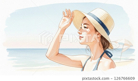 Profile of a woman standing away from the sun (beach, watercolor style) 126766609
