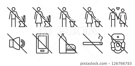 Prohibitory signs for public toilets, WC black line vector icon set. Collection of monochrome outline pictograms for women and men restrooms, 10 symbols 126766783